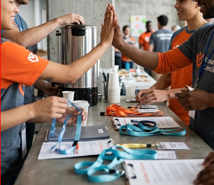 Open full screen Volunteers celebrating with a high-five during community event check-in